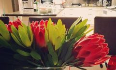 chef Eric at home cooking in the kitchen for private dining party with flowers in the foreground